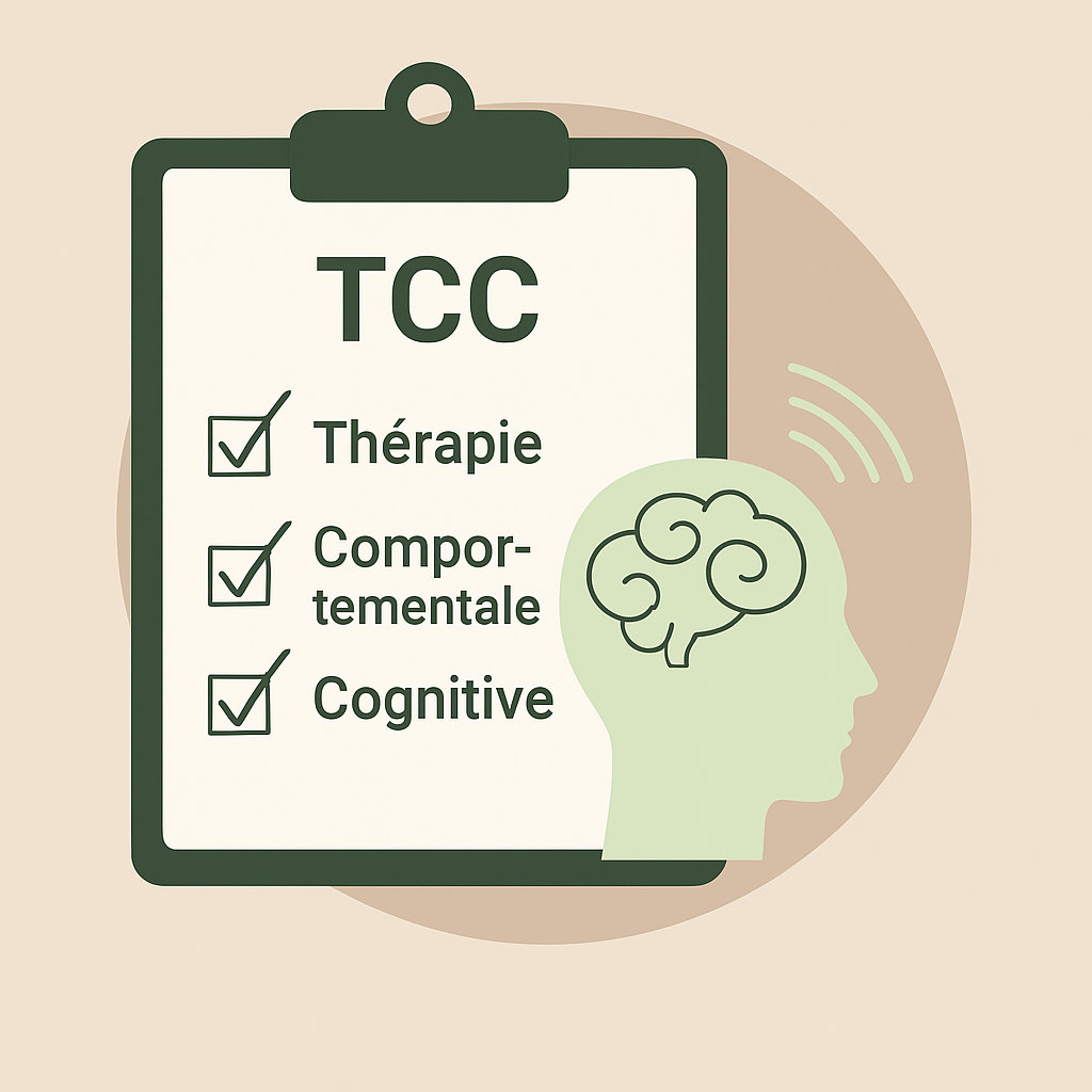 Carnet avec un schéma reliant pensées, émotions et comportements, symbolisant l’approche structurée des thérapies cognitives et comportementales.