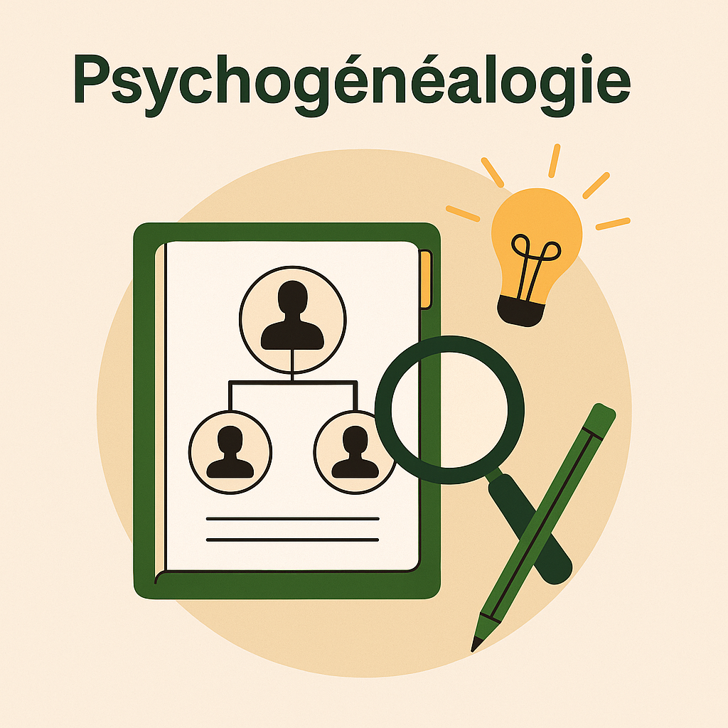 Arbre généalogique stylisé avec des racines profondes et des liens familiaux, illustrant l’exploration des transmissions en psychogénéalogie.